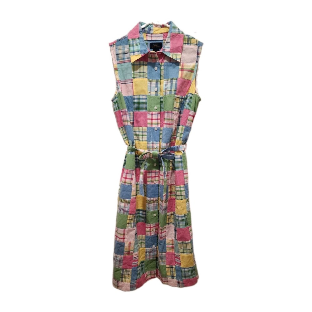 Brooks Brothers 346 Madras Belted Sleeveless Shirt Dress Plaid Patchwork Sz 8